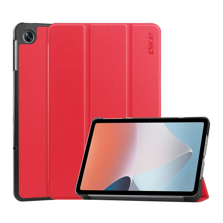 Red tri-fold smart tablet case with ENKAY logo, folding stand and front screen holder