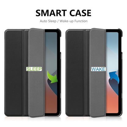Smart tablet case showing sleep and wake function with fold-open front cover