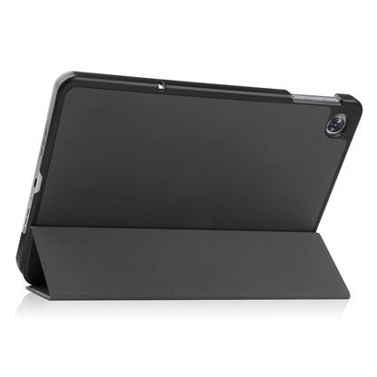 Black folio-style tablet case with foldable stand cover for propped viewing