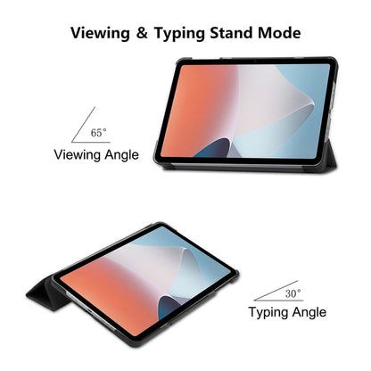 Black tri-fold tablet case with viewing and typing stand angles for the tablet