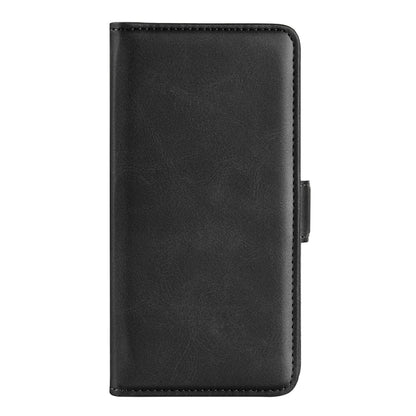 Black leather flip phone case with magnetic buckle, closed front view
