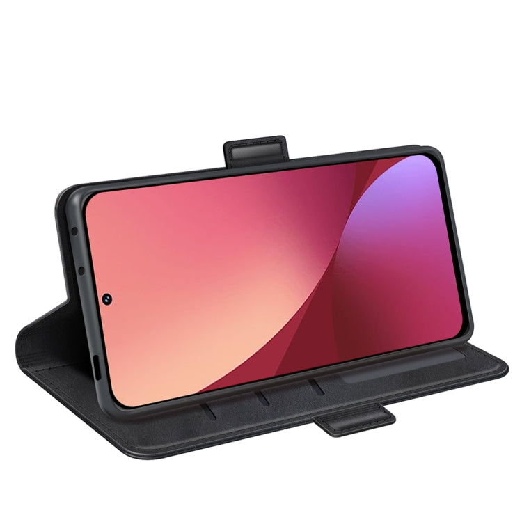 Black leather flip phone case with magnetic buckle, stand-up viewing position