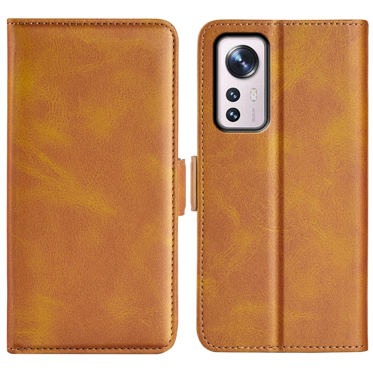 Brown leather flip phone case with dual magnetic buckle, front and back panels shown