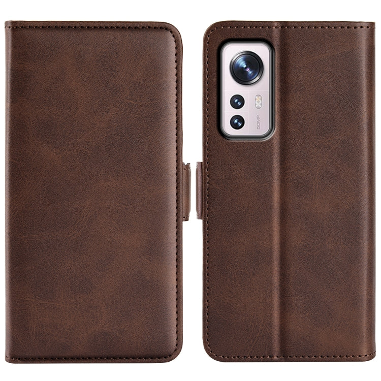 Brown leather flip phone case with magnetic buckle and camera cutout