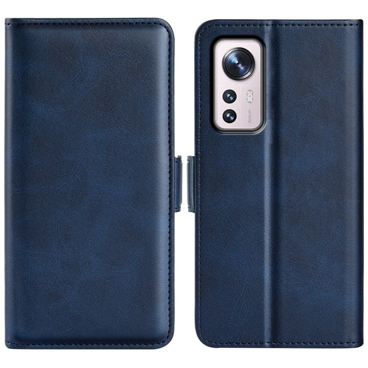 Dark blue leather flip phone case with dual magnetic buckle, front and back panels shown