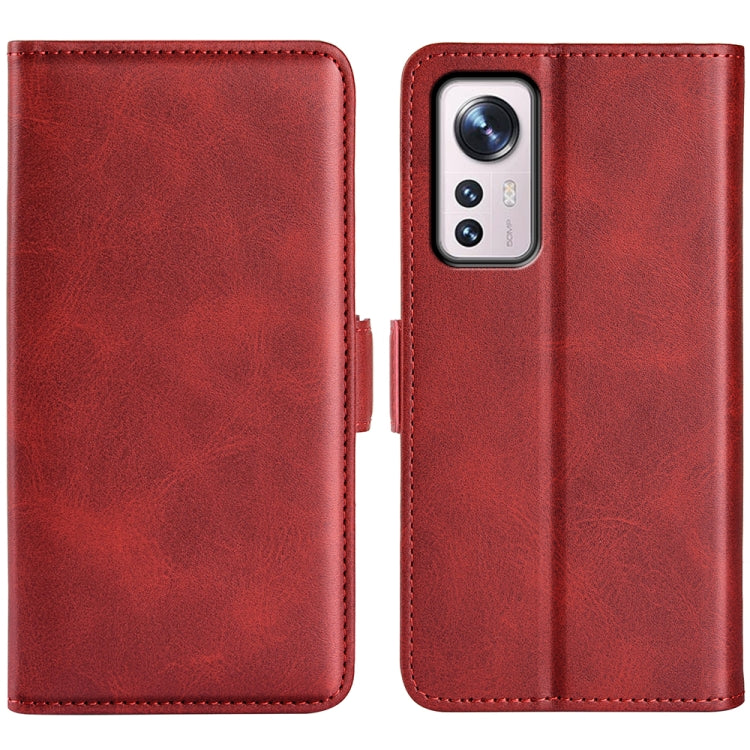 Red leather flip phone case with dual magnetic buckle, front and back panels shown