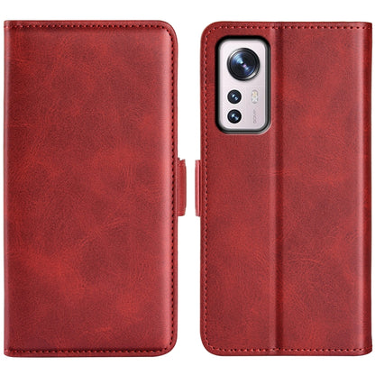 Red leather flip phone case with dual magnetic buckle, front and back panels shown