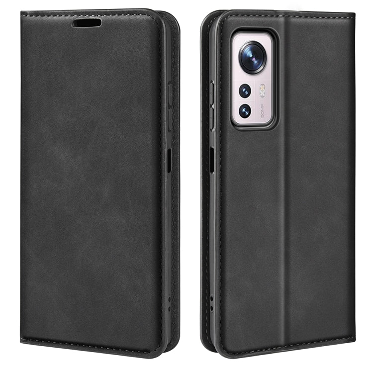 Black leather folio phone case for Xiaomi 12 with camera cutout and stitched edges