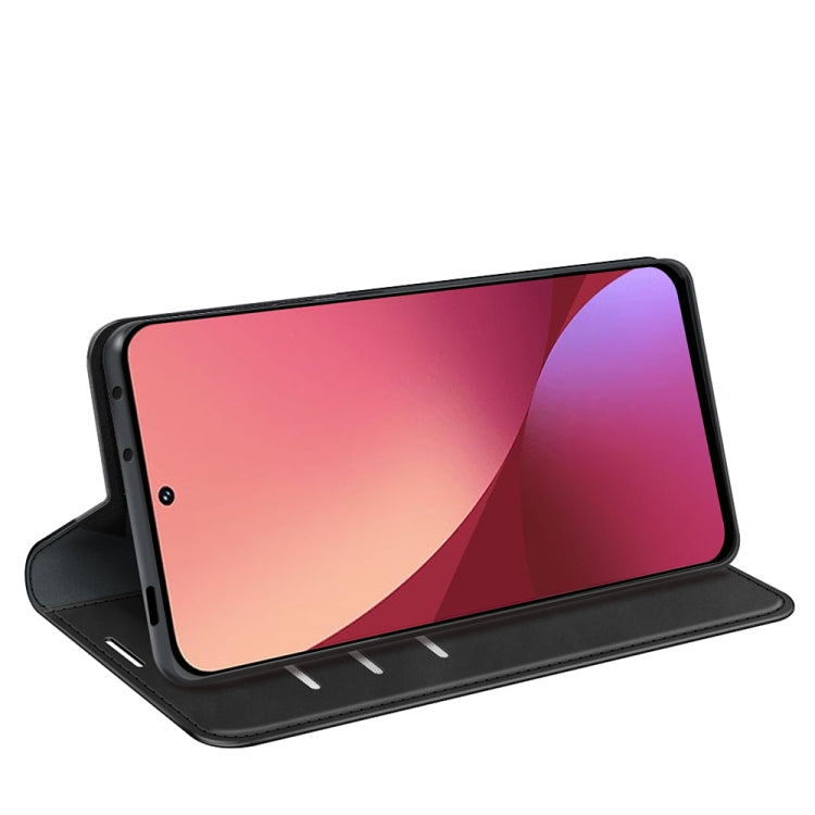 Black leather folio phone case for Xiaomi 12 shown open in viewing stand position