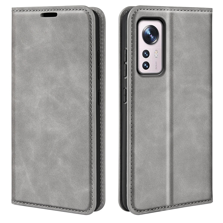 Grey leather folio phone case for Xiaomi 12 with camera cutout and stitched edges