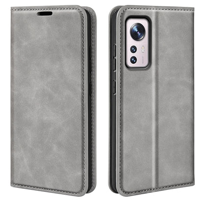 Grey leather folio phone case for Xiaomi 12 with camera cutout and stitched edges