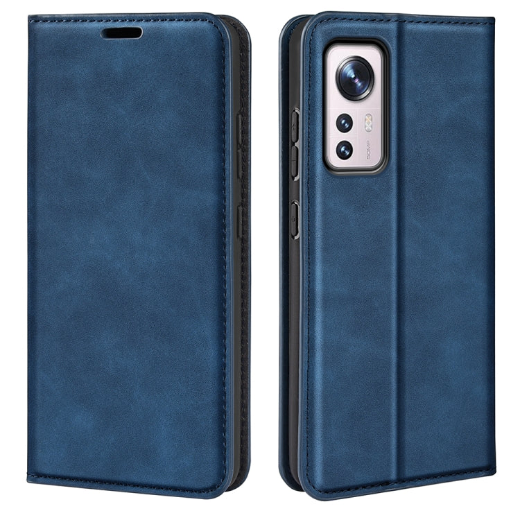 Dark blue leather folio phone case for Xiaomi 12 with camera cutout and stitched trim