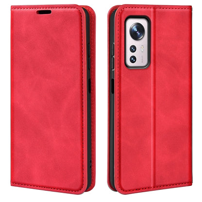 Red leather folio phone case for Xiaomi 12 with camera cutout and stitched edges