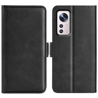 Black leather magnetic flip phone case for Xiaomi 12 Pro with camera cutout.