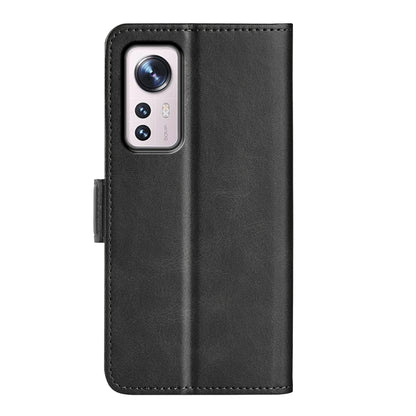 Black leather magnetic flip phone case for Xiaomi 12 Pro with camera opening.