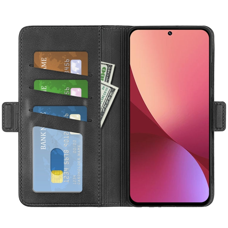 Black leather wallet-style flip phone case with card slots for Xiaomi 12 Pro.