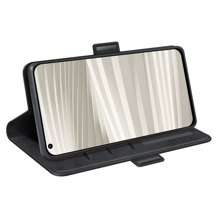 Black leather folio phone case folded into a stand for viewing