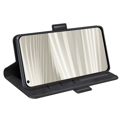 Black leather folio phone case folded into a stand for viewing