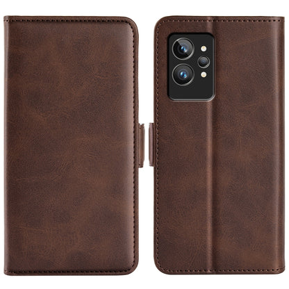 Dark brown leather phone case with magnetic buckle and camera cutout