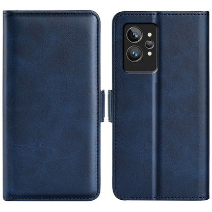 Dark blue dual-side leather phone case with magnetic buckle and camera cutout