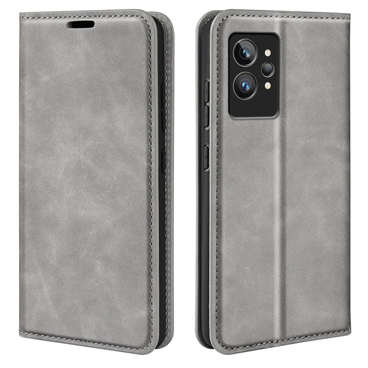Gray leather wallet phone case with magnetic closure and camera cutout for phone protection