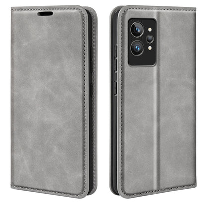 Gray leather wallet phone case with magnetic closure and camera cutout for phone protection