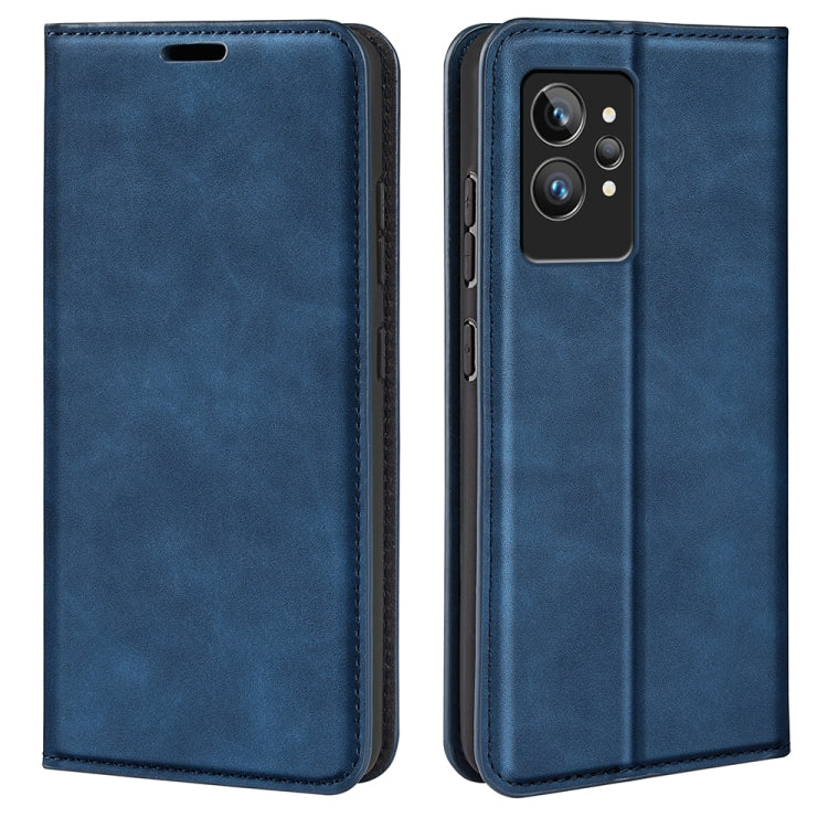 Blue leather wallet phone case with magnetic closure and camera cutout for phone protection