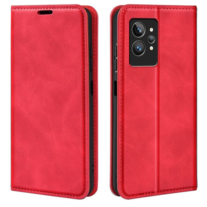 Red leather wallet phone case with magnetic closure and camera cutout for phone protection