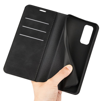Black leather folio phone case open view with card holder and hand grip