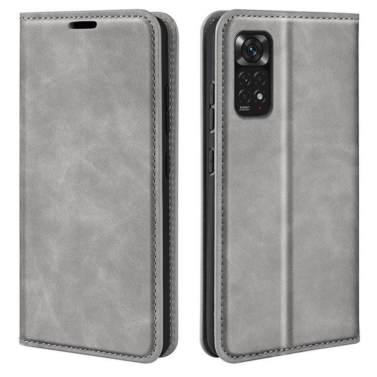Grey leather flip phone case with magnetic clasp and camera cutout