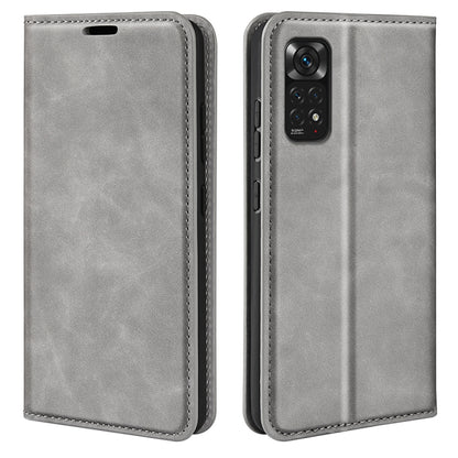 Grey leather flip phone case with magnetic clasp and camera cutout