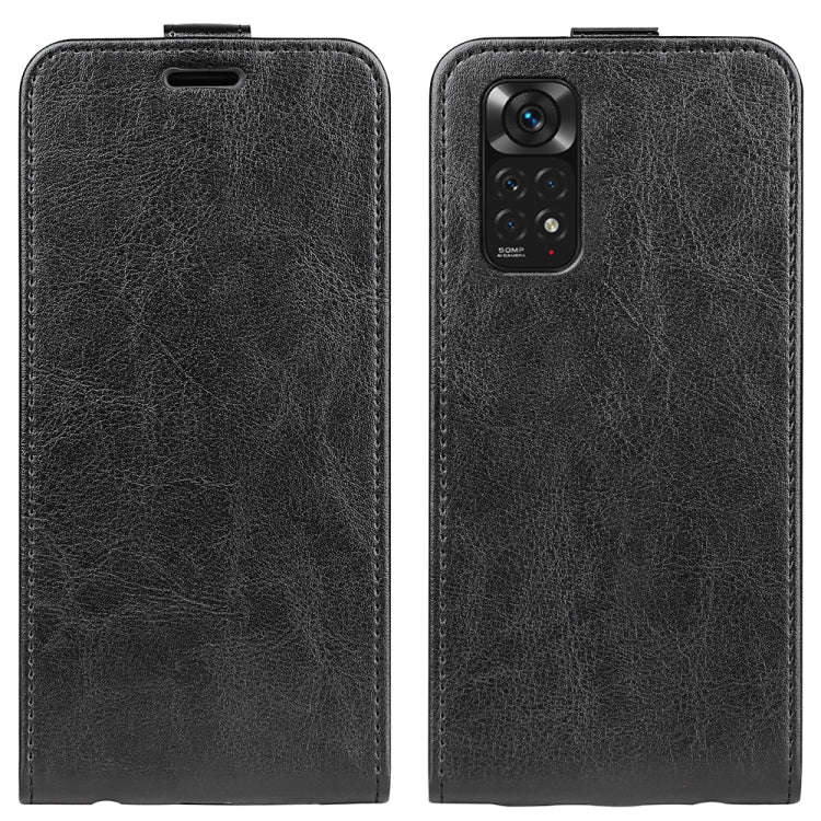 Black textured vertical flip leather phone case, front and back views with cutouts