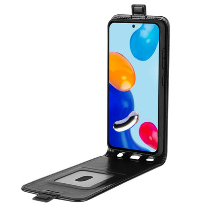 Vertical flip leather phone case open, showing inner card holder and phone cutouts
