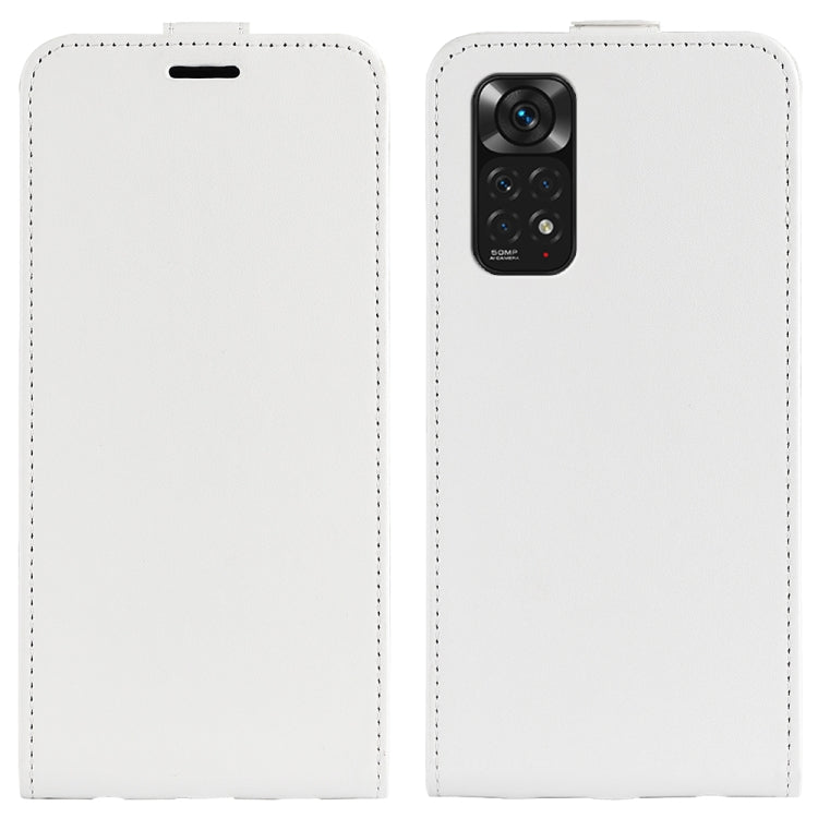 White textured vertical flip leather phone case, front and back with camera cutout