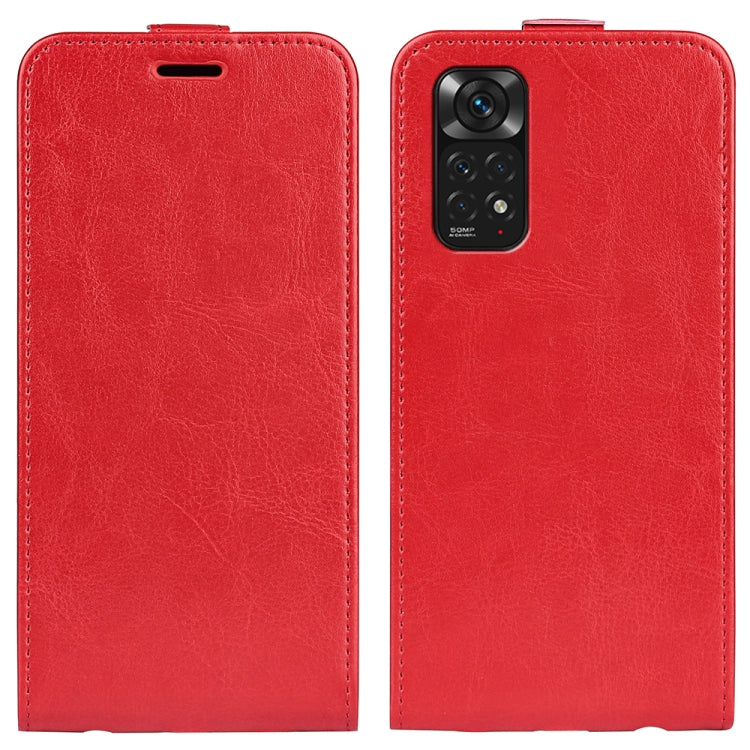Red textured vertical flip leather phone case, front and back views with cutouts