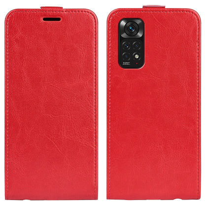 Red textured vertical flip leather phone case, front and back views with cutouts