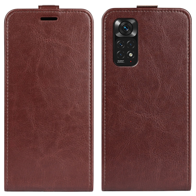 Brown textured vertical flip leather phone case, front and back views with cutouts