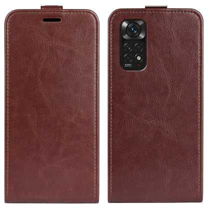 Brown textured vertical flip leather phone case, front and back views with cutouts
