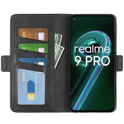 Black leather wallet phone case with card slots and magnetic closure, open view.