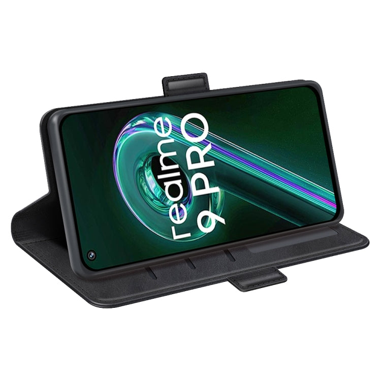 Black leather folio phone case with fold-out stand and side magnetic strap.