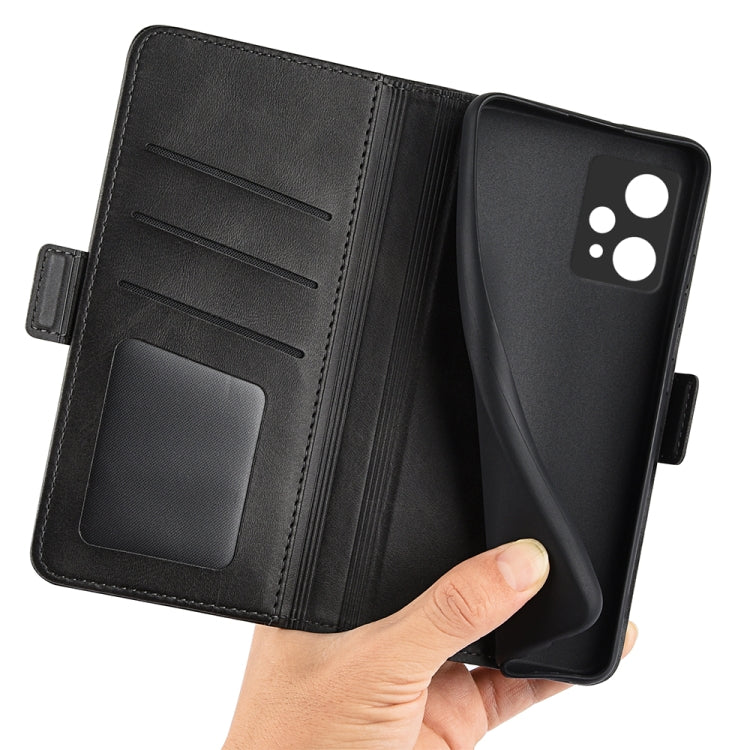 Black leather phone case open with inner card slots and secure magnetic closure.