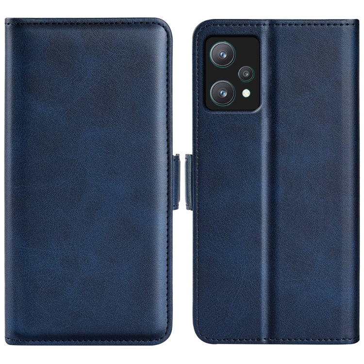 Dark blue leather dual-side magnetic buckle phone case with camera cutout and stitching.
