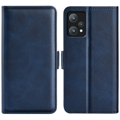 Dark blue leather dual-side magnetic buckle phone case with camera cutout and stitching.