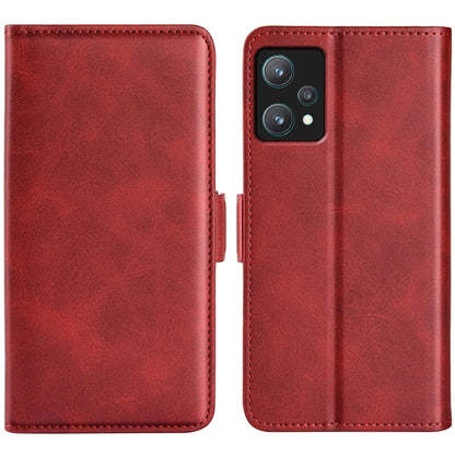 Red leather dual-side magnetic buckle phone case with camera cutout and stitched edges.
