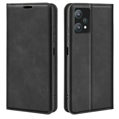 Black leather wallet phone case with magnetic closure and cutouts