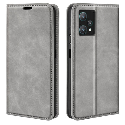 Grey leather wallet phone case with magnetic closure and stitched edges