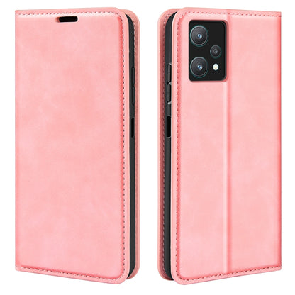 Pink leather wallet phone case with magnetic closure and stitched edges