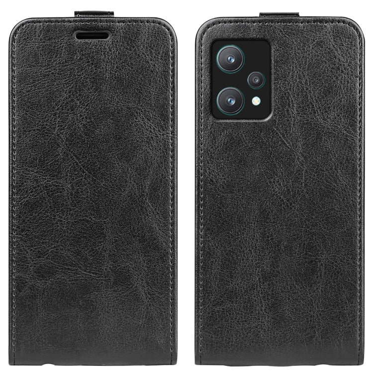 Black leather flip phone case, front and back views with camera opening