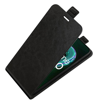 Black leather flip phone case with front flap open, phone screen visible