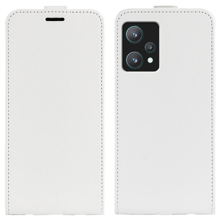 White leather flip phone case, front and back views with camera opening
